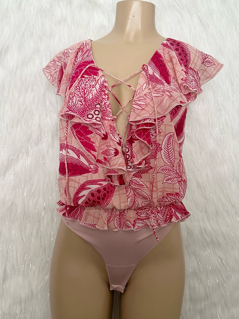 Guess Pink and Raspberry Floral Tie-Front Bodysuit